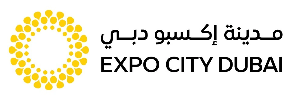 Expo City Dubai logo featuring a yellow circular patterned icon and text in Arabic and English